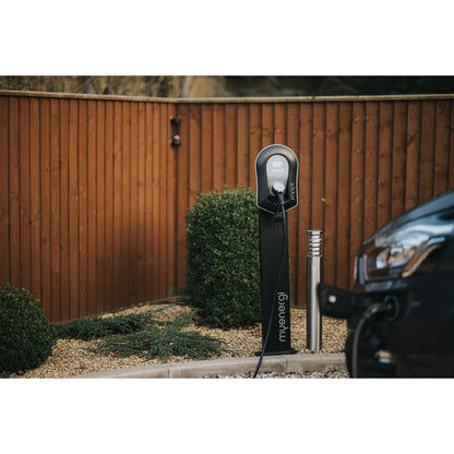 zappi Tethered EV Charger in Black - on pedestal